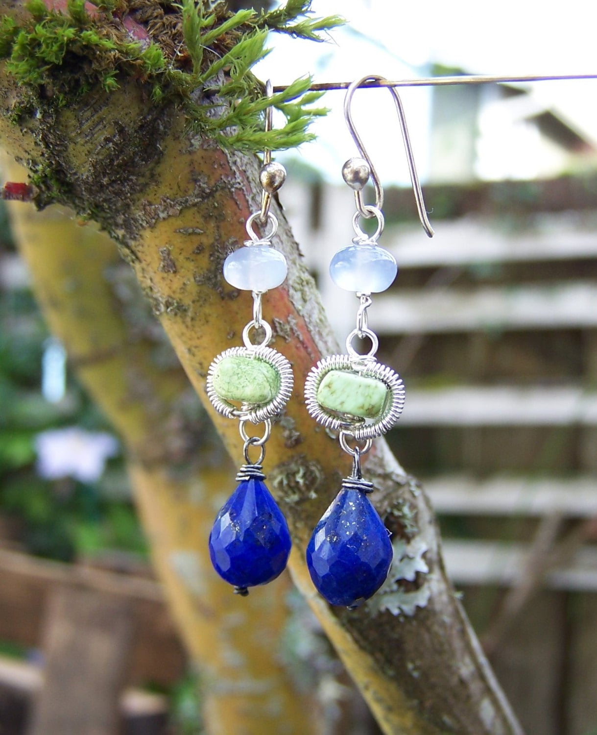 Faceted Lapis Lazuli Briolette, Gaspeite Nugget, Chalcedony Rondelle, French Earwire, Earrings