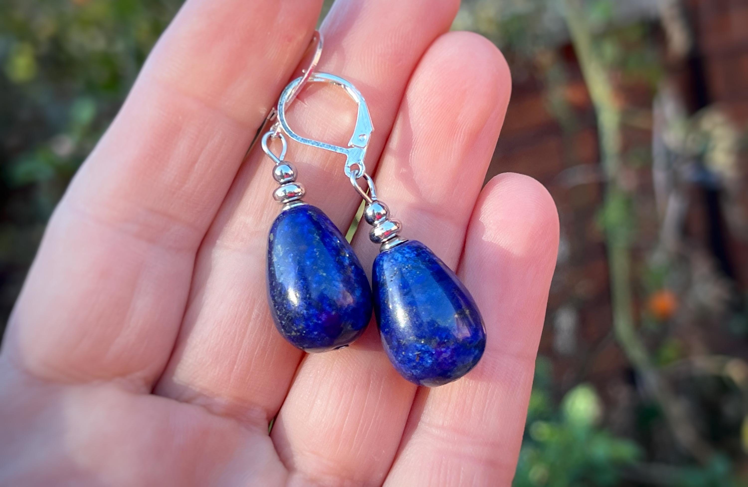Genuine Natural Royal Blue Lapis Lazuli Teardrop Sterling Silver Earrings 30mm