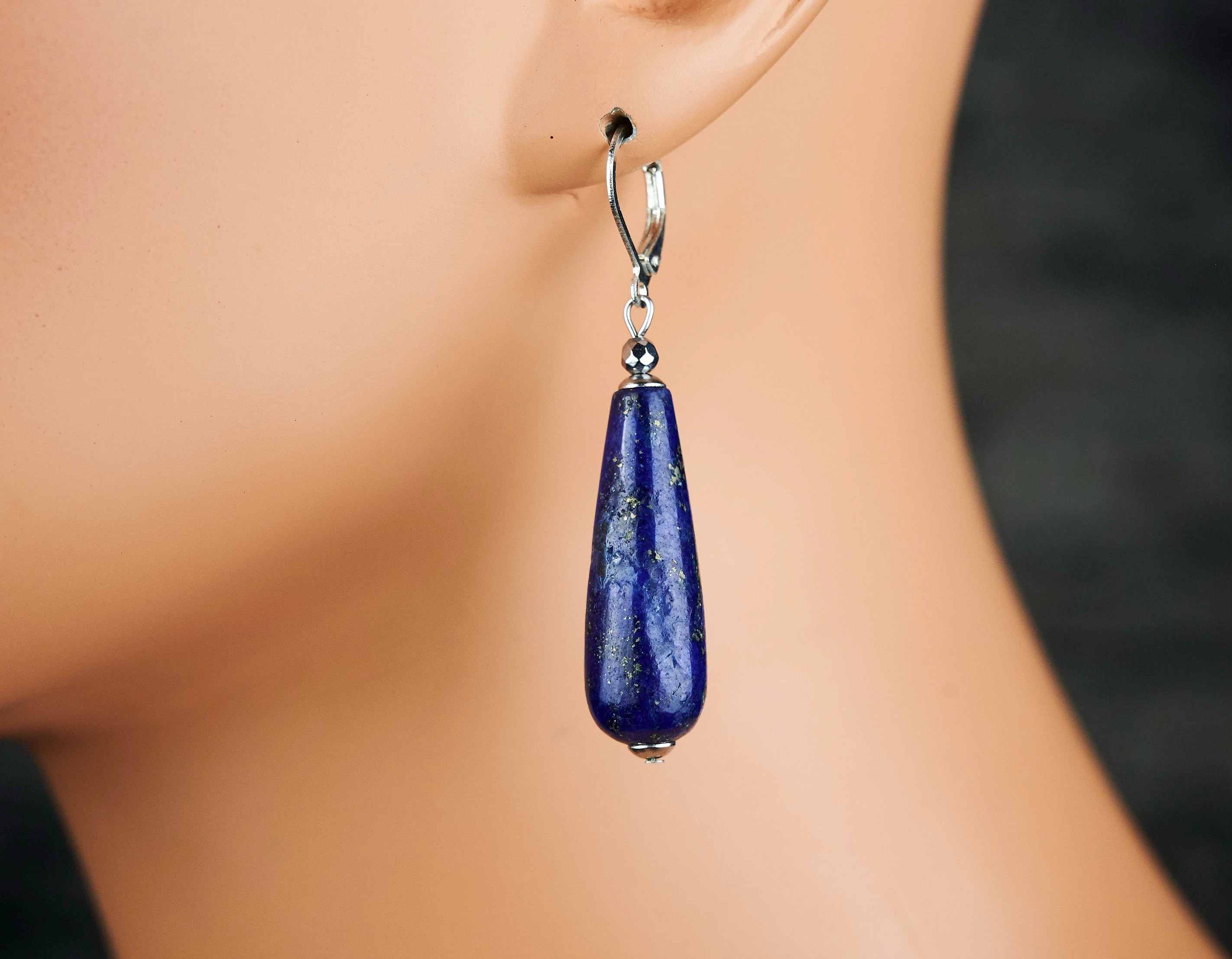Genuine Natural Untreated Blue Lapis Lazuli With Pyrite Teardrop Sterling Silver Long Drop Earrings