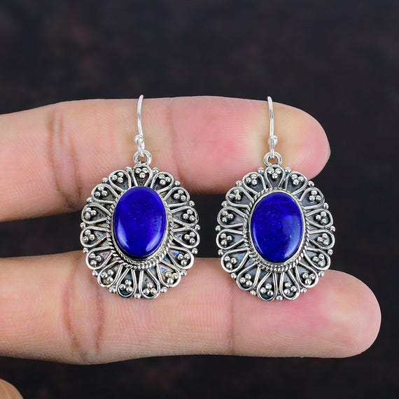 Handmade Lapis Lazuli Earrings: 925 Sterling Silver Vintage Jewelry