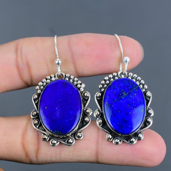 Handmade Lapis Lazuli Dangle Earrings: 925 Sterling Silver Gemstone Jewelry