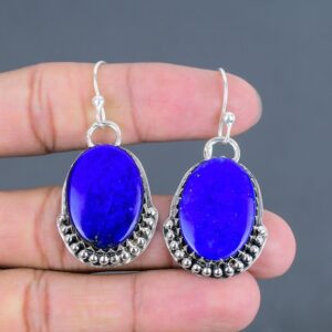 Handmade Lapis Lazuli Earrings: Oval 925 Sterling Silver Dangle