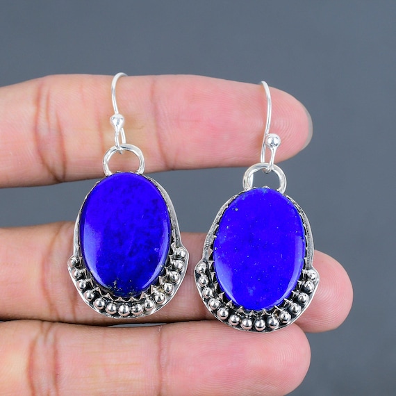 Handmade Lapis Lazuli Earrings: Oval 925 Sterling Silver Dangle