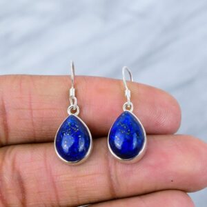 Handmade Pear Lapis Lazuli Earrings: 925 Sterling Silver Dangle
