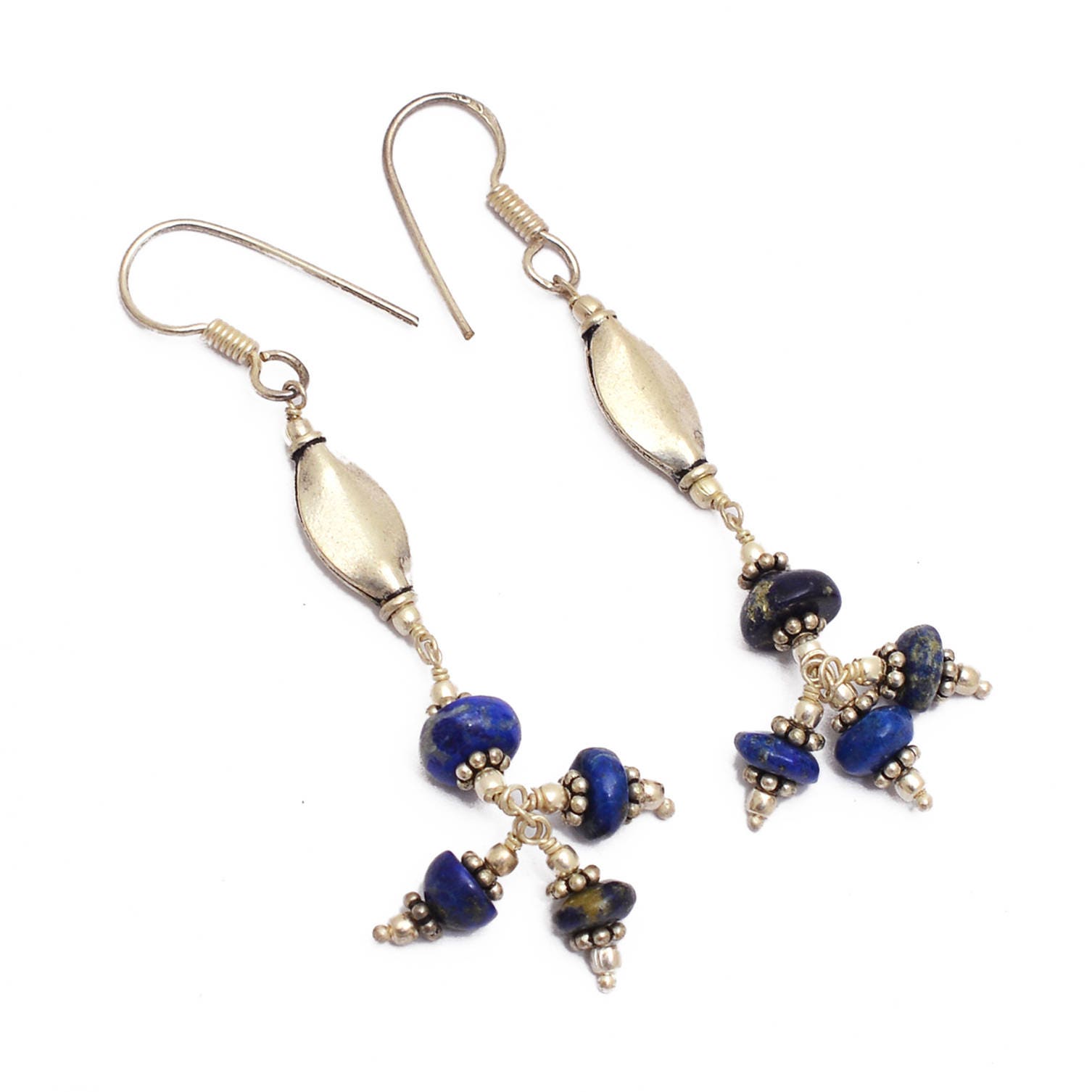 Long Lapis Lazuli Gemstone Dangle Earrings , Natural Lapis Lazuli & Crystal Sterling Silver Earrings , Lapis / Crystal Earrings - 925 Silver