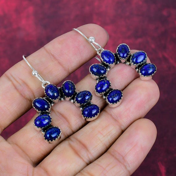 Natural Lapis Lazuli Gemstone Earrings, Oval Gemstone Earrings, 925 Sterling Silver Earrings, Handmade Silver Earrings, Best Friend Gifts