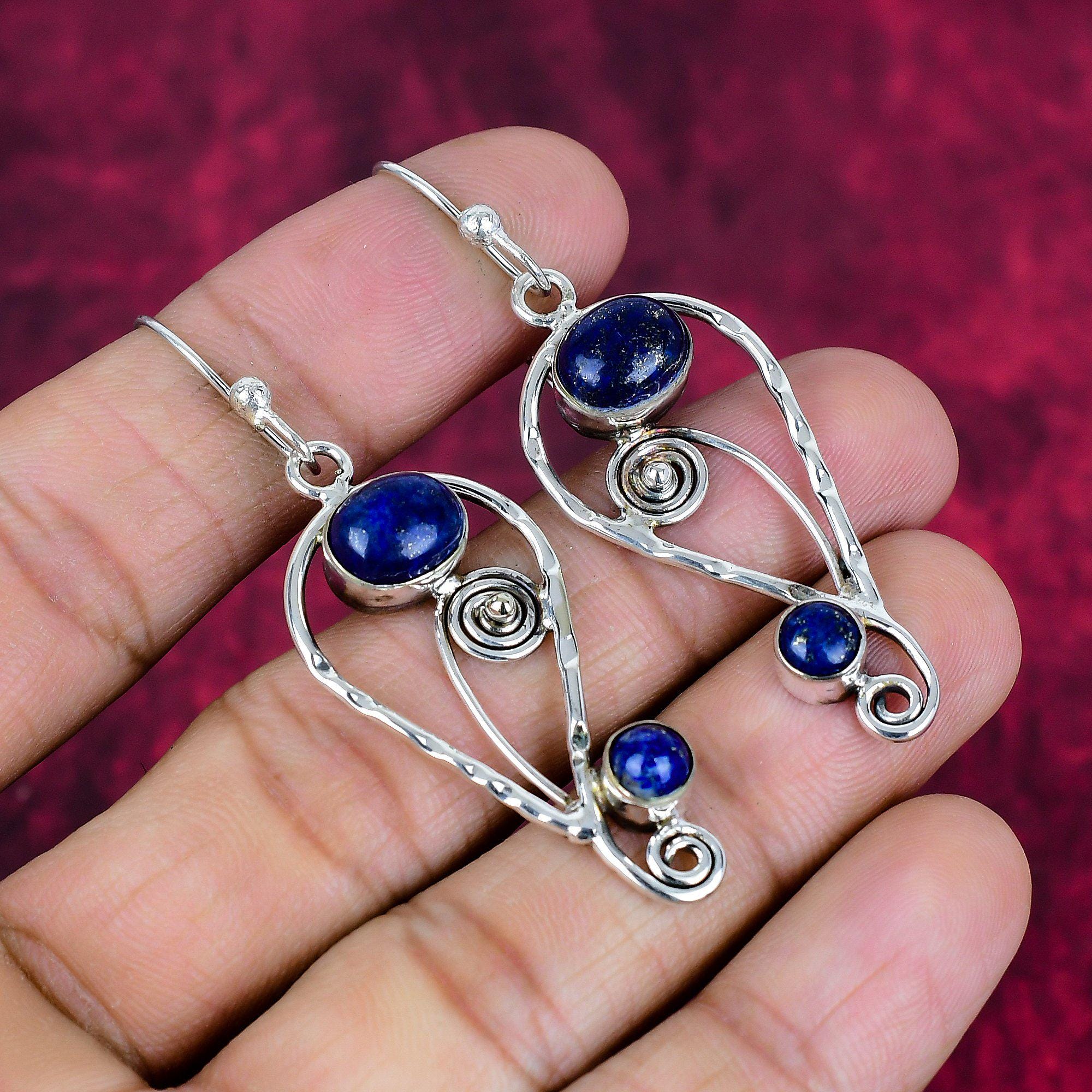 Natural Lapis Lazuli Earrings, Solid 925 Sterling Silver Earrings, Handmade Gift, Oval Earrings, Blue Lapis Stone Earrings, Anniversary Gift