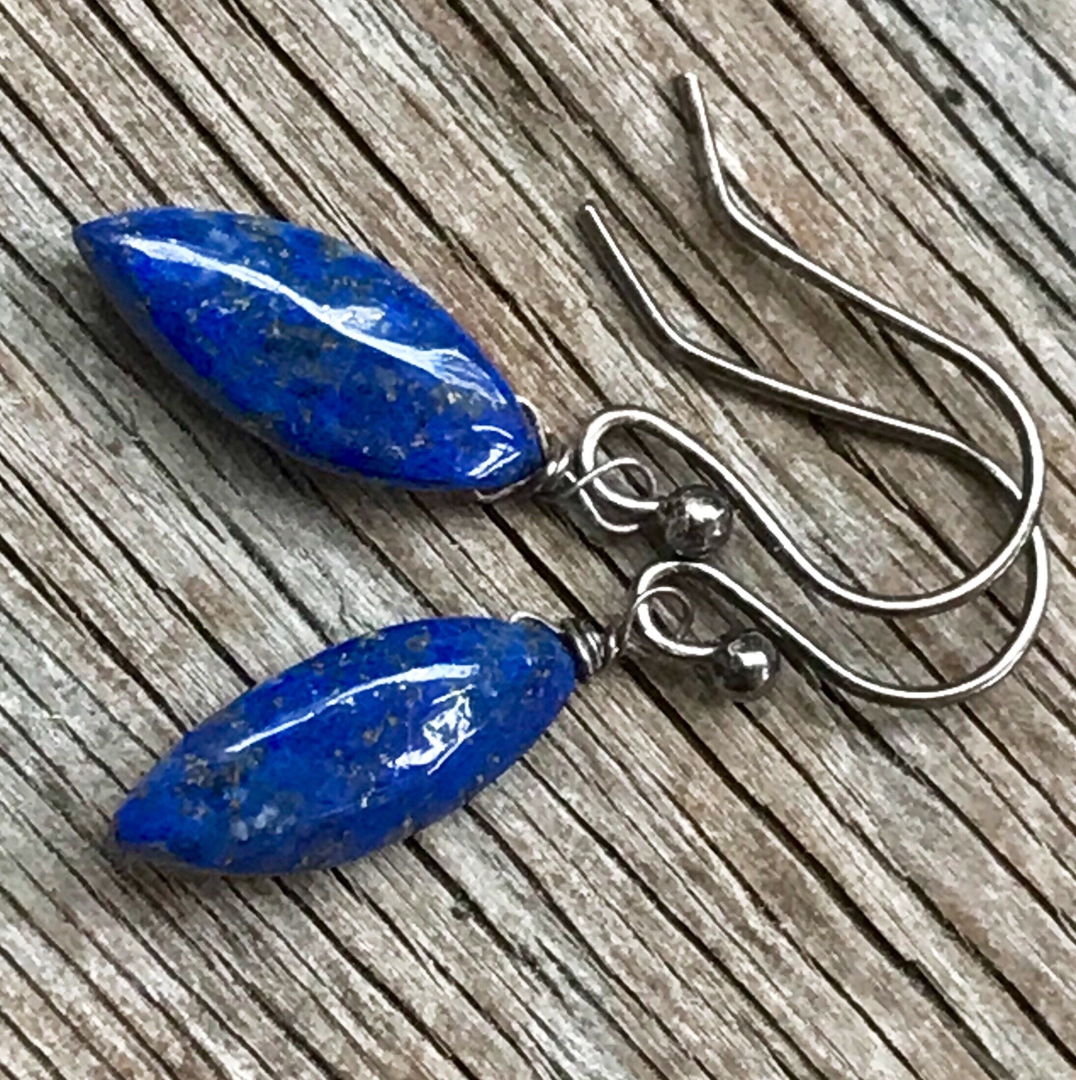 Natural Lapis Lazuli Earrings: Sterling Silver Dangles, Minimalist Gemstone Jewelry Natural Lapis Lazuli Earrings: Sterling Silver Dangles, Minimalist Gemstone Jewelry