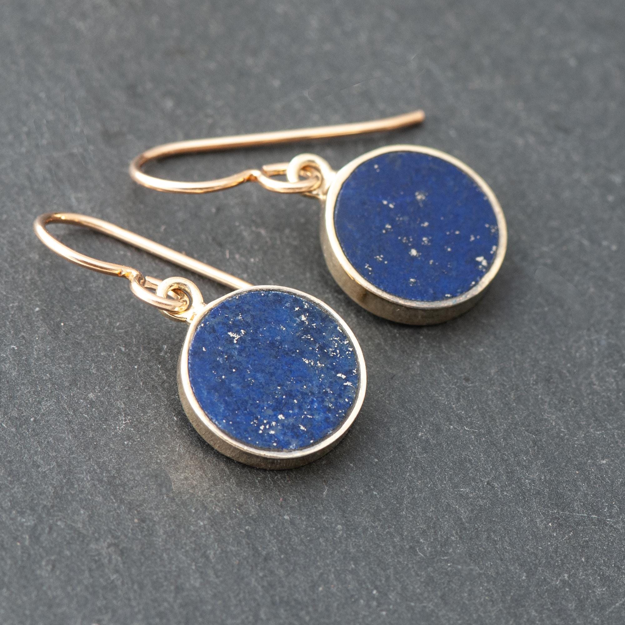 Petite Lapis Lazuli Earrings, Minimalist Vermeil Bezel Set Navy Blue Natural Stone Drops, Gold Filled French Ear Wires