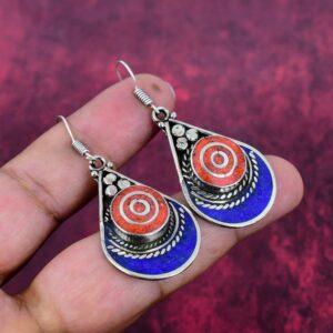 Lapis Lazuli Earrings Red Coral Earrings Tibetan Silver Earrings Handmade Nepali Earrings Dangle Drop Earrings Nepal Jewelry Gift For Mother