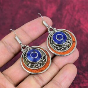 Red Coral & Lapis Lazuli 925 Sterling Silver Earrings Tibetan Earrings Handmade Earrings Tibetan Jewelry Ethnic Nepali Earrings Gift For Mom