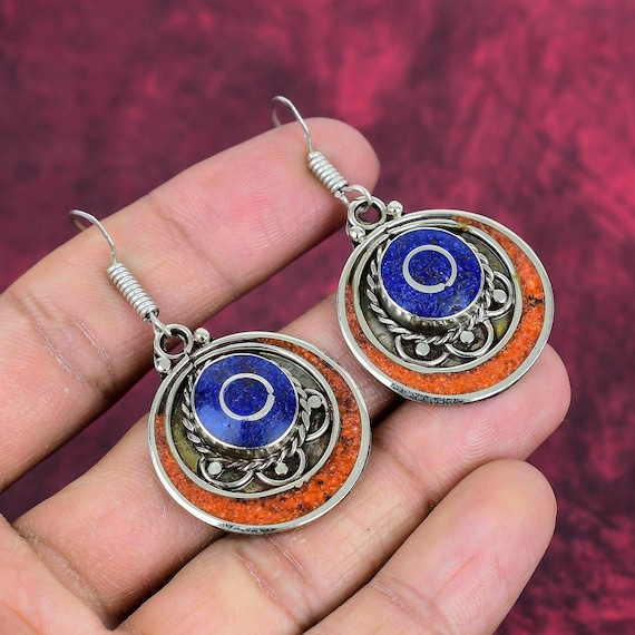 Red Coral & Lapis Lazuli 925 Sterling Silver Earrings Tibetan Earrings Handmade Earrings Tibetan Jewelry Ethnic Nepali Earrings Gift For Mom Red Coral & Lapis Lazuli 925 Sterling Silver Earrings Tibetan Earrings Handmade Earrings Tibetan Jewelry Ethnic Nepali Earrings Gift For Mom