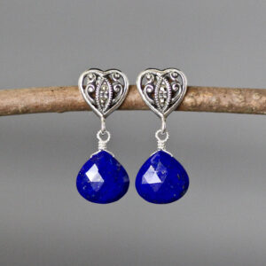 Lapis Earrings - Silver Heart Earrings - Marcasite Earrings - Silver Post Earrings - Blue Gemstone Earrings