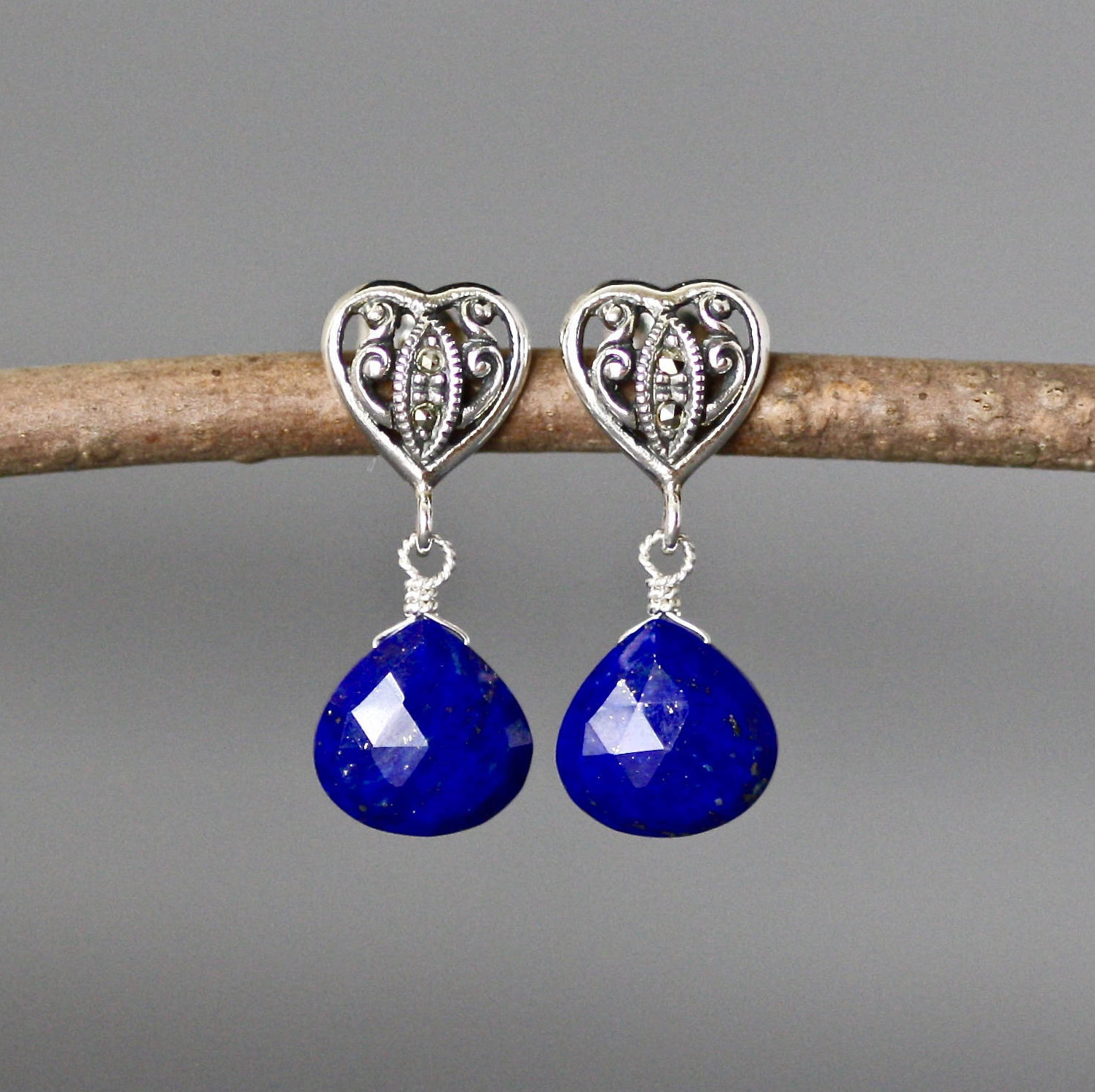 Lapis Earrings - Silver Heart Earrings - Marcasite Earrings - Silver Post Earrings - Blue Gemstone Earrings