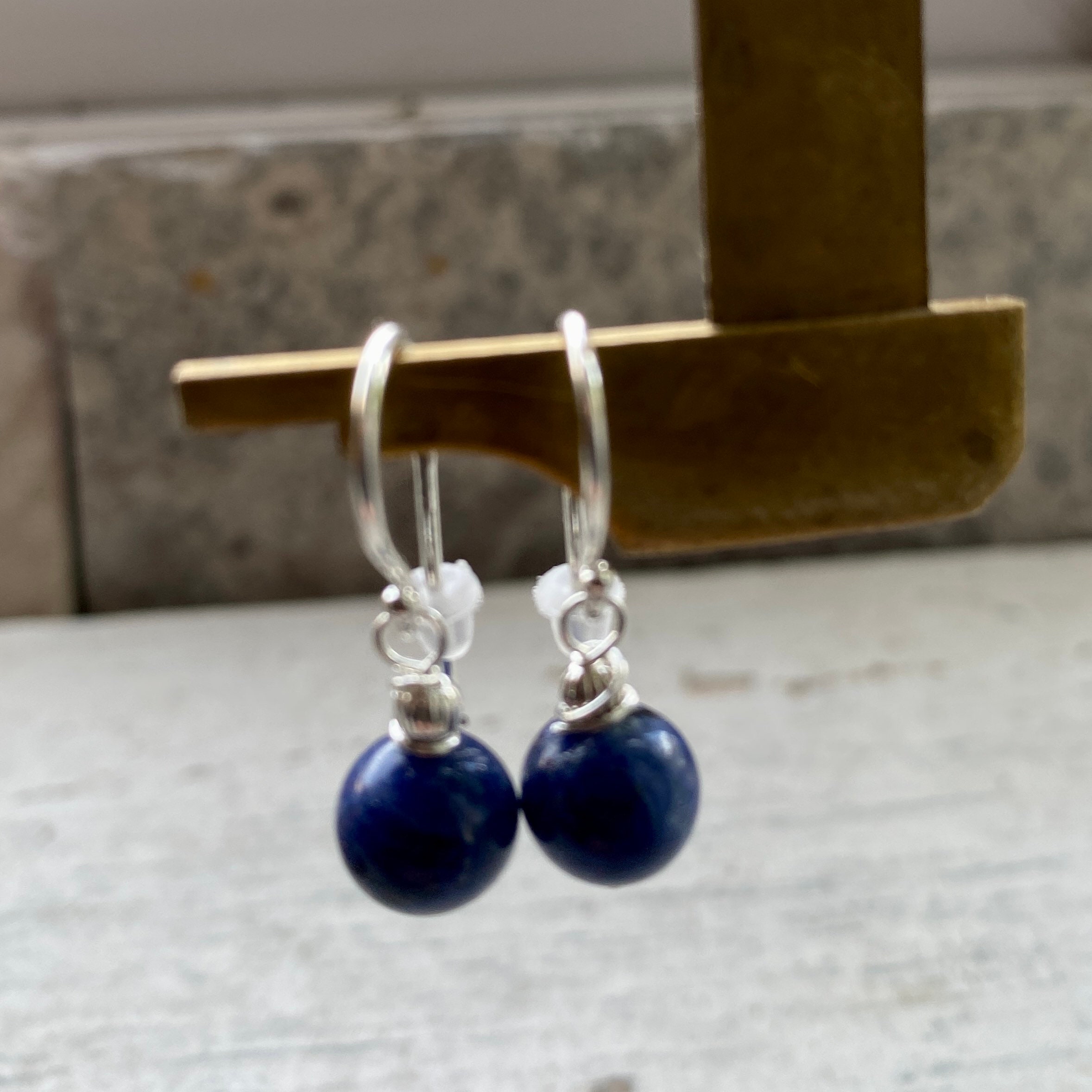 Small Lapis Lazuli Drop Earrings, Sterling Silver Round Blue Ball Earrings,  Gift For Her.