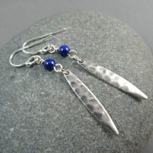 Lapis Lazuli Earrings, Sterling Silver, Silver Feather Earrings, Gemstone Earrings, Blue Earrings, Feather Jewelry, Yoga Style, Blue Gem