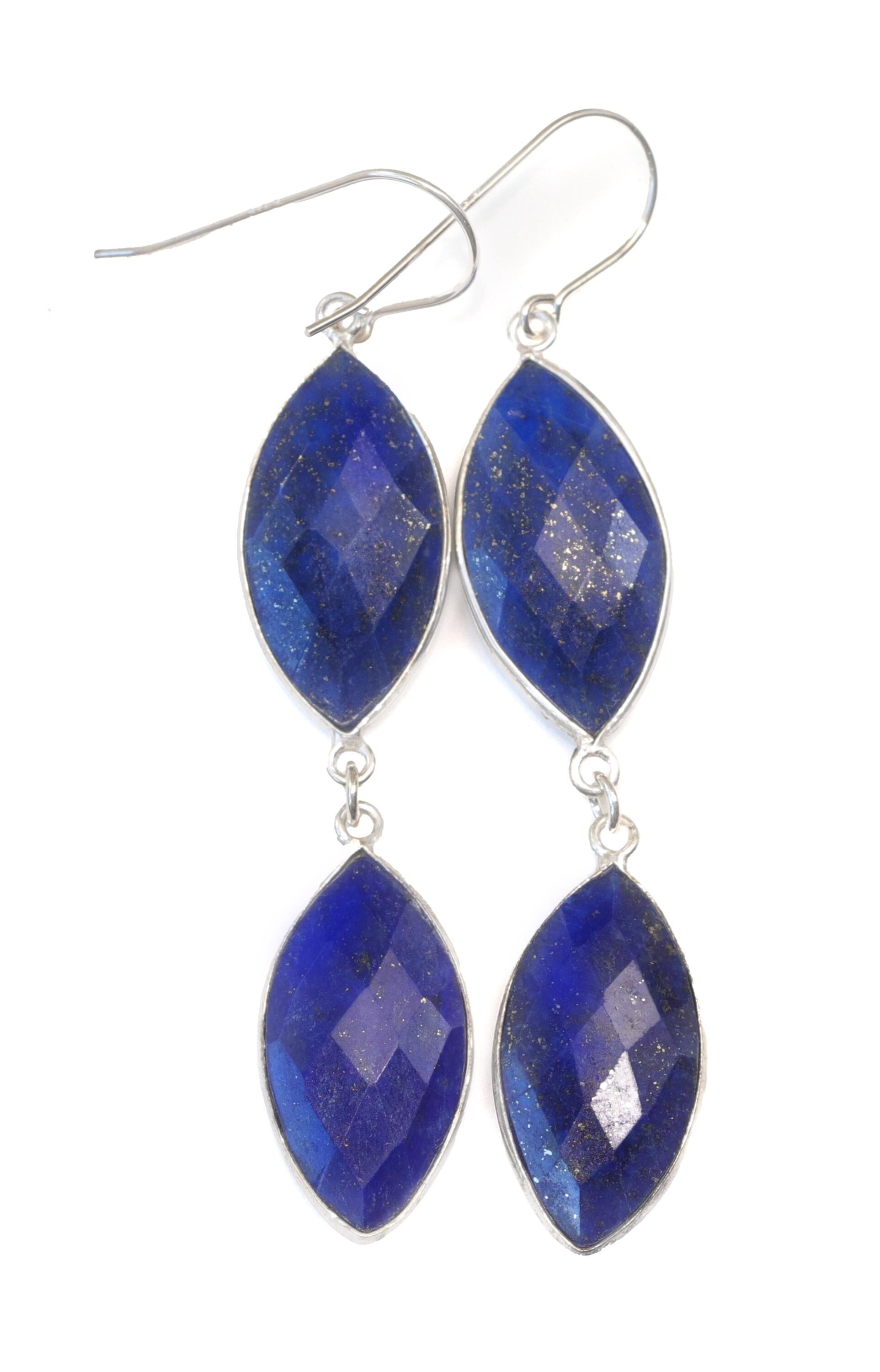 Lapis Lazuli Earrings Sterling Silver Blue Double Hung Bezel Marquis Faceted Teardrop Simple Drops 2.6 Inch Drops Extra Long