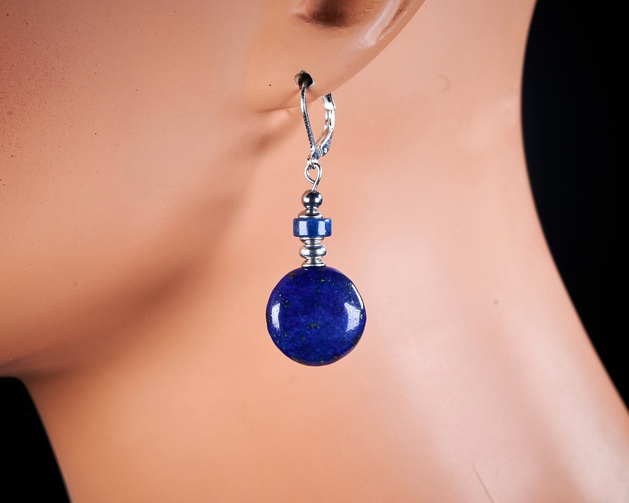 Lapis Lazuli Sterling Silver Statement Earrings. Genuine Natural Royal Blue Lapis Lazuli Gemstone Coins Sterling Silver