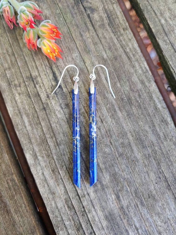 Stick Unique Denim Lapis Lazuli Earrings.  Sterling Silver Lapis Earrings.  Long Lapis Spike Earrings