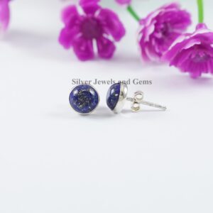Lapis Lazuli Stud Earring, 925 Sterling Silver Earring, Tiny Round Lapis Stud Earring, Birthday Earring, Handmade Jewelry, Dainty Earring