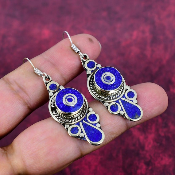 Lapis Lazuli Tibetan Silver Earrings 925 Sterling Silver Handmade Lovely Earrings Lapis Lazuli Dangle Earrings Bohemian Nepali Earrings