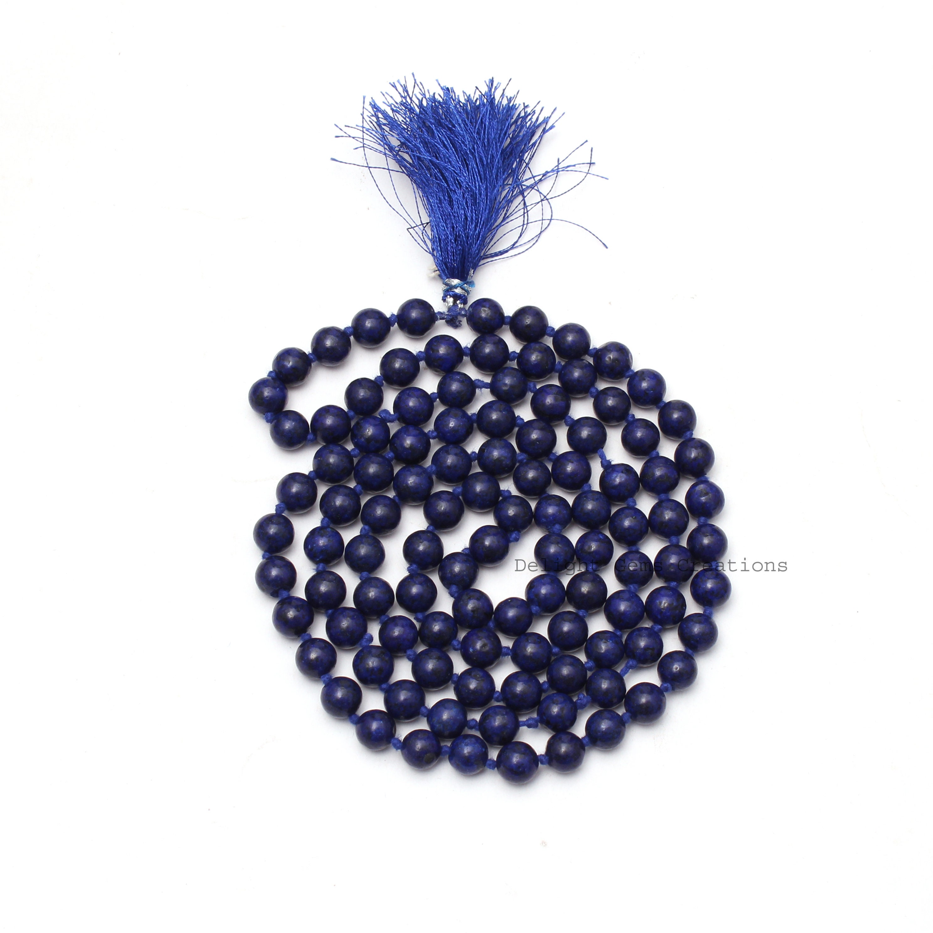 Lapis Lazuli 108 Bead Mala Necklace, Knotted Japa Mala With Tassel