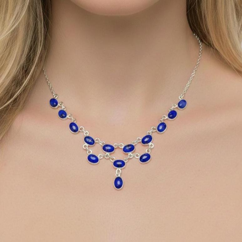 Lapis Lazuli 925 Sterling Silver Gemstone Statement Collar Necklace