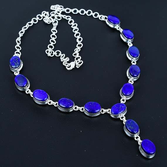 Handmade Lapis Lazuli Necklace: 925 Sterling Silver, Adjustable Chain