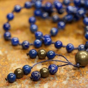 Lapis Lazuli Knotted Mala • 108+1 • 5.5-mm • 3 Pyrite Spacer Beads • Self-expression • Courage To Express Oneself • Throat Chakra • 2468