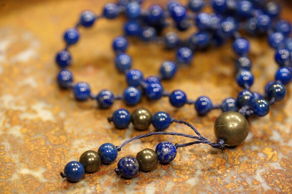 Lapis Lazuli Knotted Mala • 108+1 • 5.5-mm • 3 Pyrite Spacer Beads •  Self-expression • Courage To Express Oneself • Throat Chakra • 2468