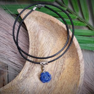 Large Lapis Lazuli 15mm Carved Rose Flower 18'' Black Leather Cord Necklace with Stainless Steel Lobster Clasp