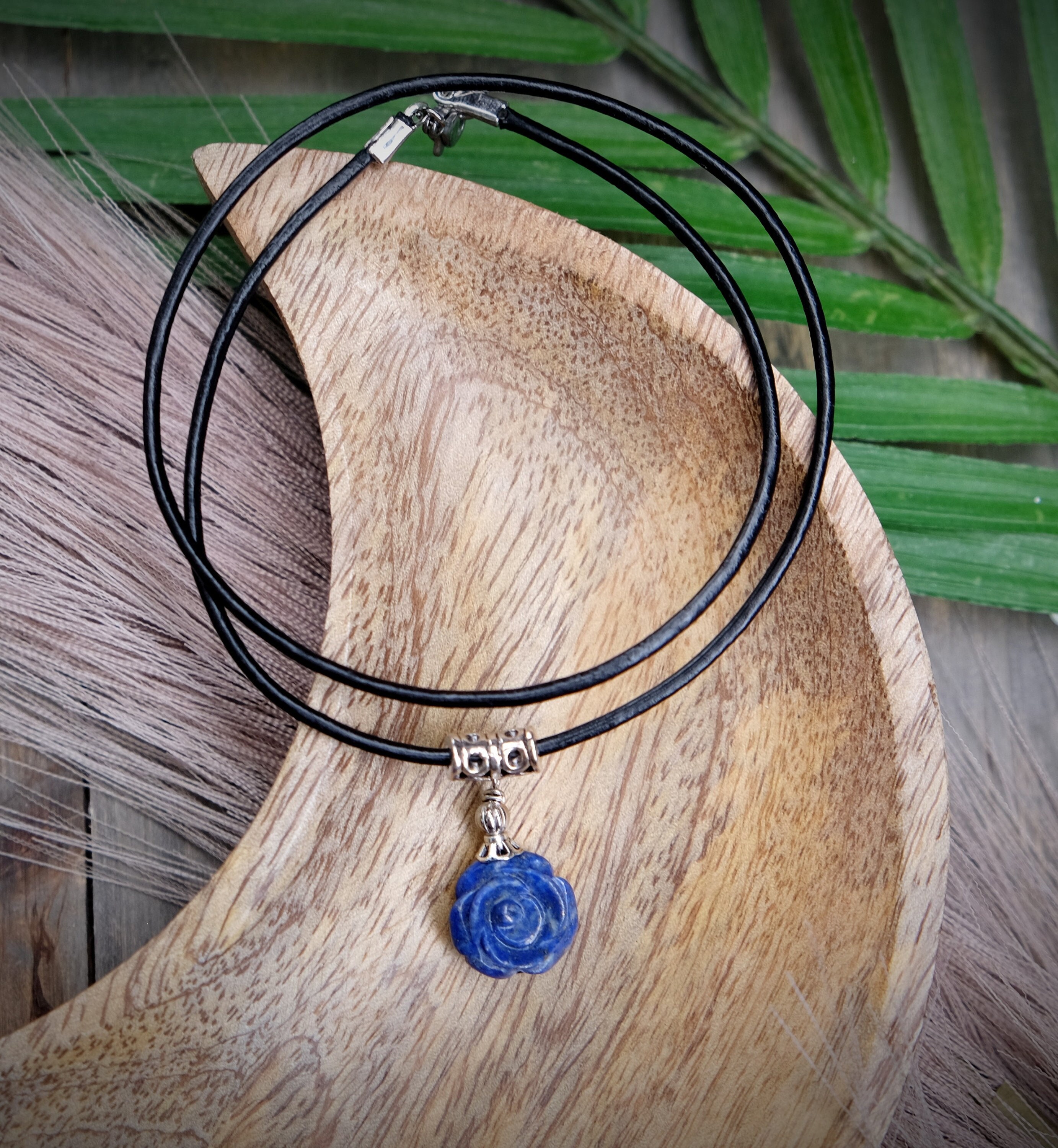 Large Lapis Lazuli 15mm Carved Rose Flower 18'' Black Leather Cord Necklace With Stainless Steel Lobster Clasp Large Lapis Lazuli 15mm Carved Rose Flower 18'' Black Leather Cord Necklace With Stainless Steel Lobster Clasp