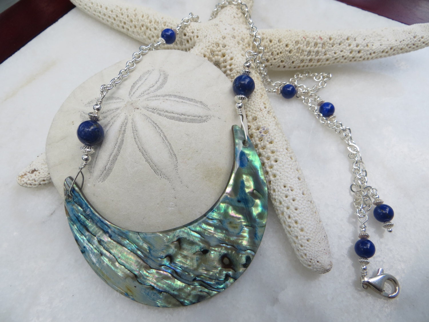 Paua Shell Crescent Necklace, Lapis Lazuli, Sterling Silver