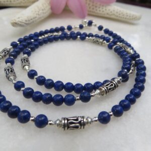 Lapis Lazuli Necklace, Sterling Silver Bali Beads, Tribal Style