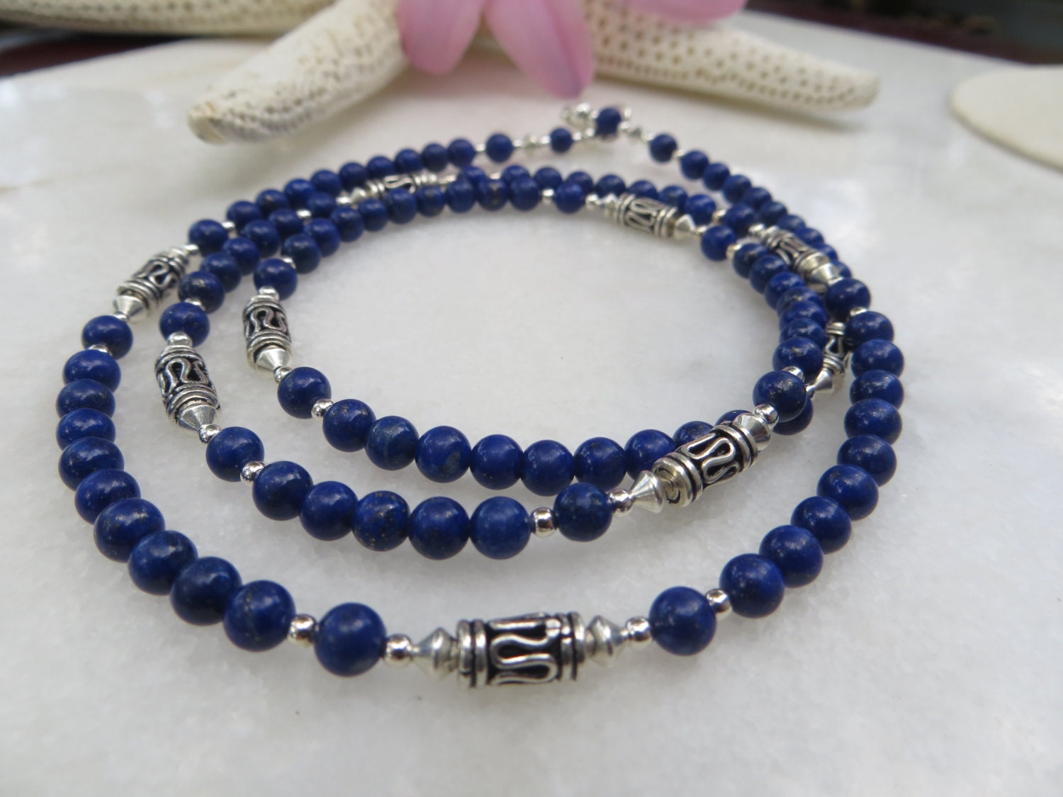 Lapis Lazuli Necklace, Sterling Silver Bali Beads, Tribal Style