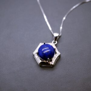Sterling Silver Lapis Lazuli Necklace, Blue Stone Hexagon Six Sides Geometric Halo Natural Cobalt Lapis Lazuli Box Chakra Healing 1030
