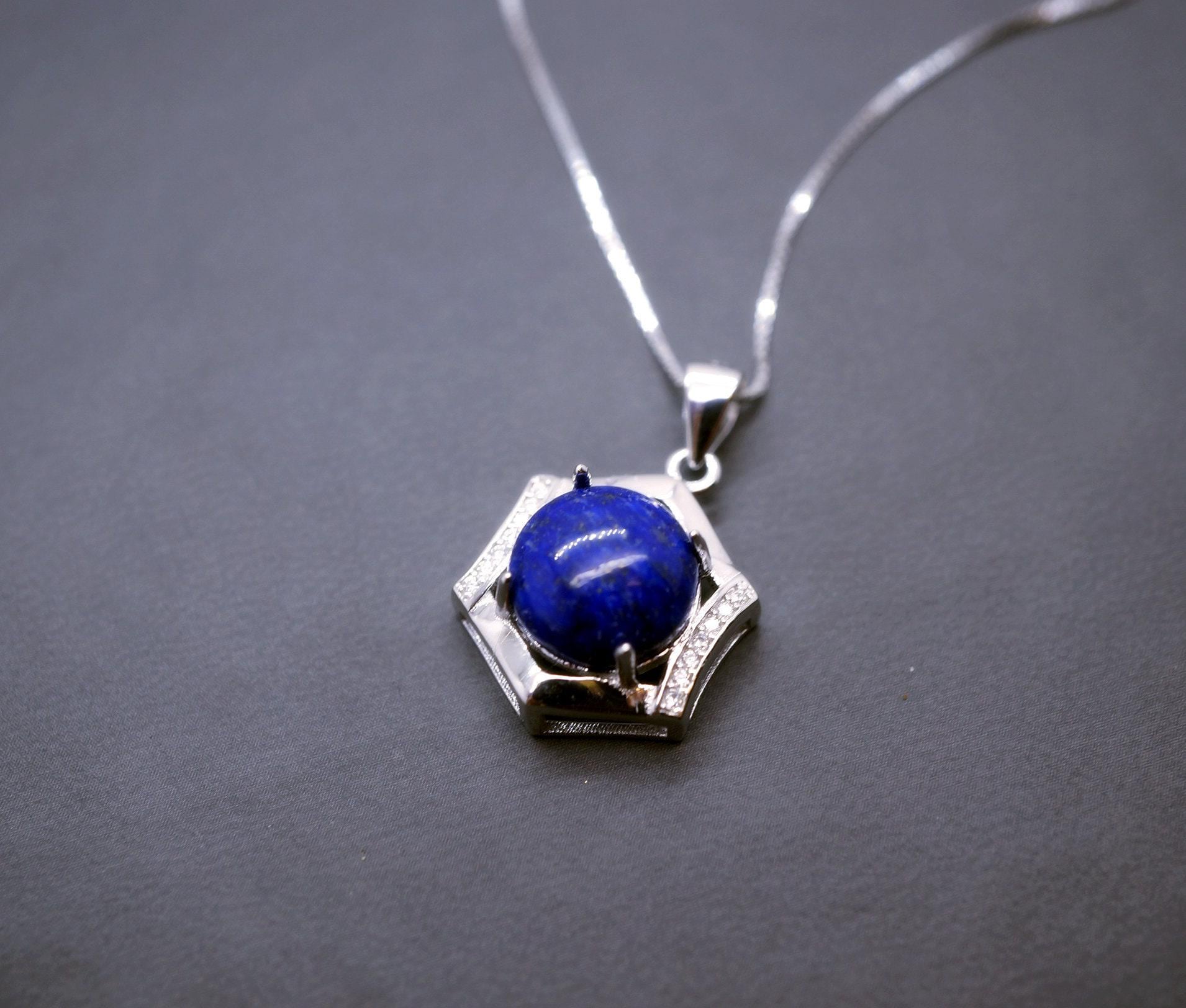 Sterling Silver Lapis Lazuli Necklace, Blue Stone Hexagon Six Sides Geometric Halo Natural Cobalt Lapis Lazuli Box Chakra Healing 1030 Sterling Silver Lapis Lazuli Necklace, Blue Stone Hexagon Six Sides Geometric Halo Natural Cobalt Lapis Lazuli Box Chakra Healing 1030