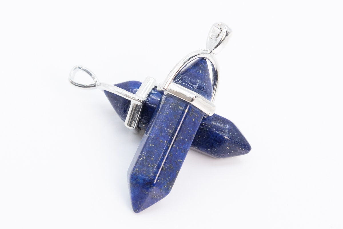 2 Pcs-30x8m Deep Blue Lapis Lazuli Beads Healing Hexagonal Pointed Pendant Natural Grade Aaa Silver Plated Cap Bulk Lot Option (111197-3329)
