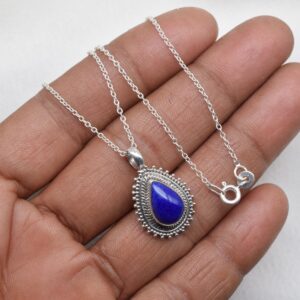 Blue Lapis Lazuli Pear Pendant: 925 Sterling Silver Chain Jewelry
