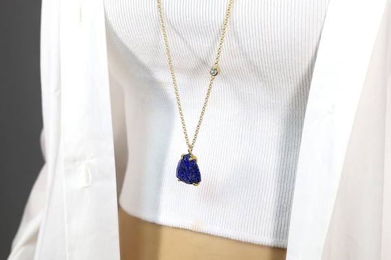 Extra Long Gold Lapis Necklace · Trillion Pendant · Cubic Zirconia Necklace · Minimalist September Birthstone Necklace · Big Pendant For Her