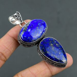 Handmade Lapis Lazuli 925 Sterling Silver Pendant: Oval & Pear Gemstone