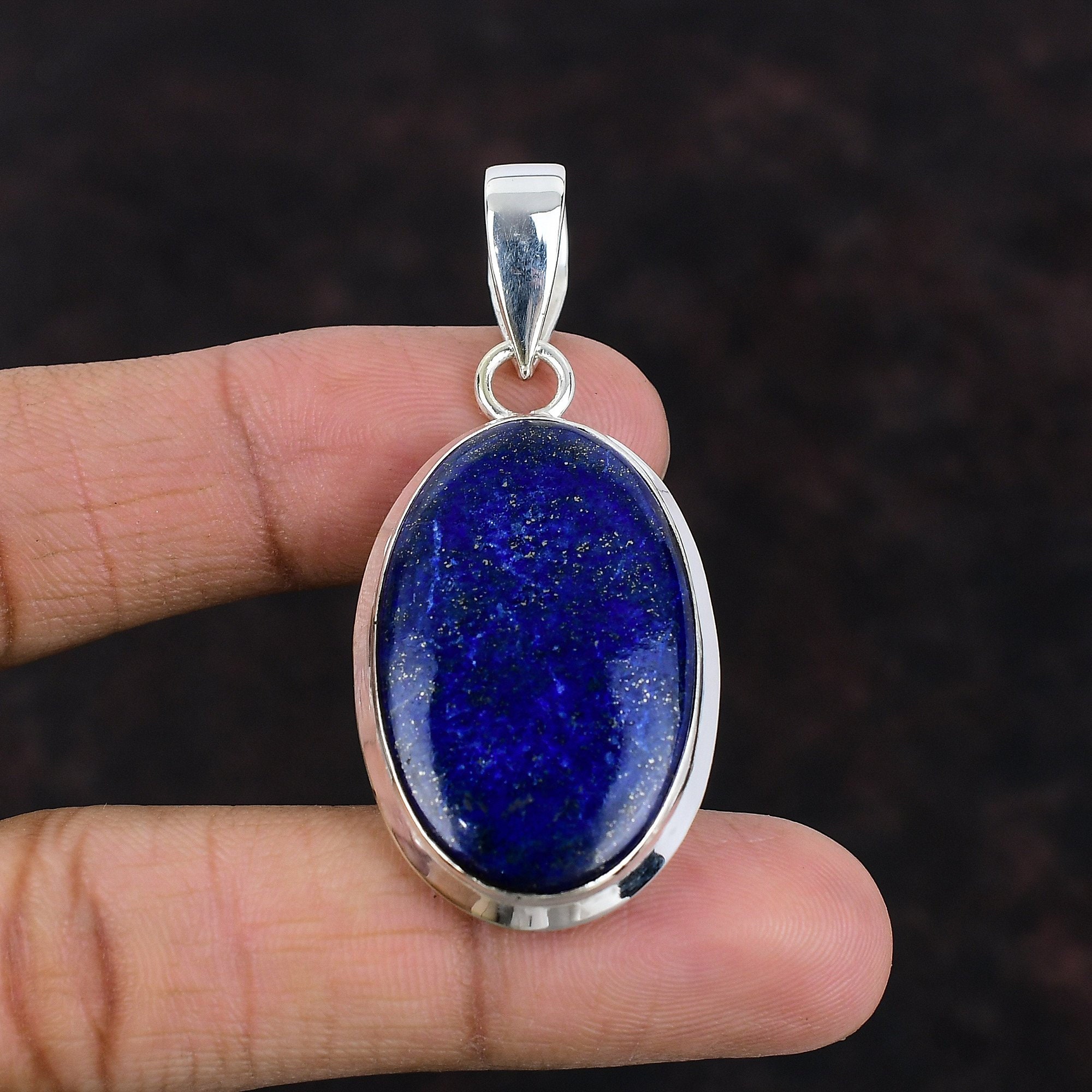 Handmade Lapis Lazuli Pendant: 925 Sterling Silver Oval Gemstone
