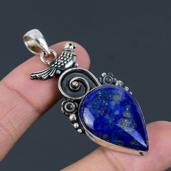Handmade Lapis Lazuli Bird Pendant: 925 Sterling Silver Jewelry