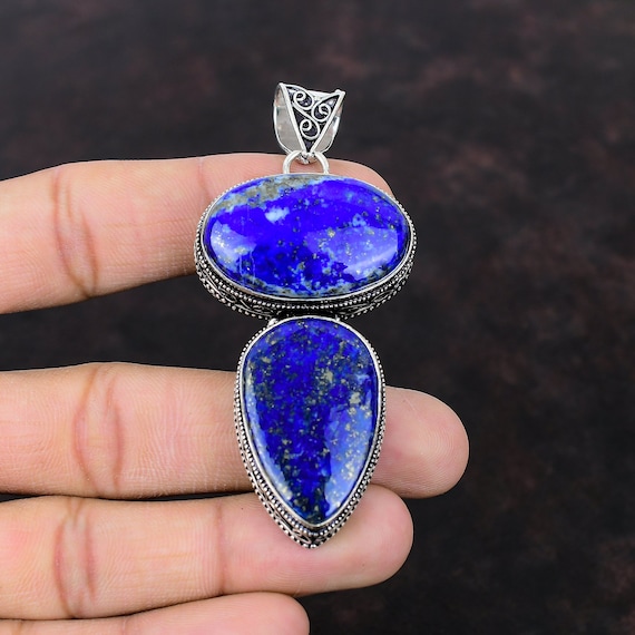Handmade Lapis Lazuli Pendant: Vintage 925 Sterling Silver Jewelry