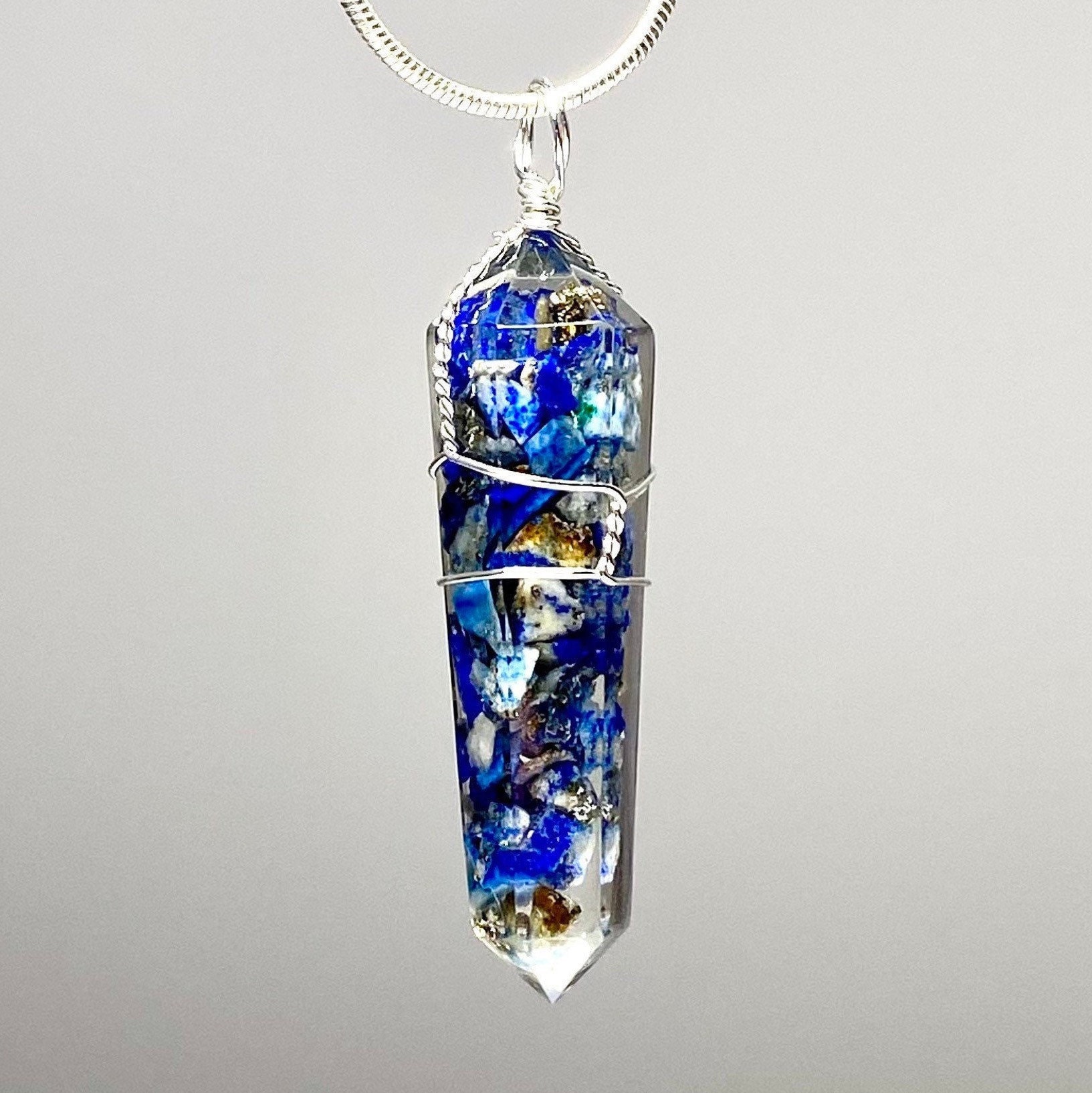 Lapis Lazuli In Orgonite Wire Wrapped Pendant Necklace Lapis Lazuli In Orgonite Wire Wrapped Pendant Necklace