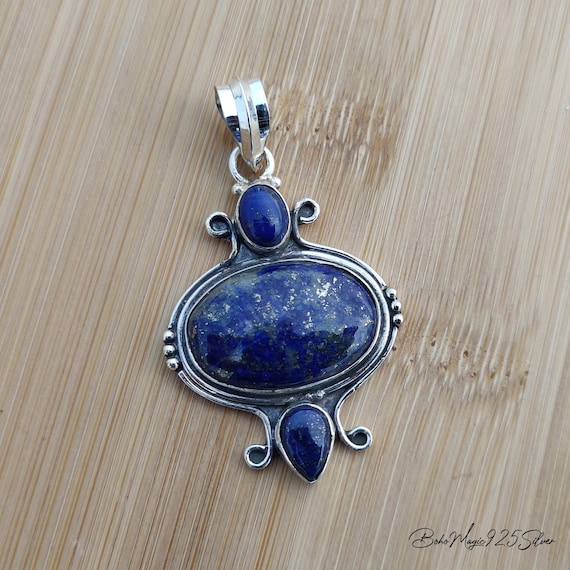 Natural Lapis Lazuli Gemstone Pendant / 925 Silver Designer Jewelry / Handcrafted Boho Necklace