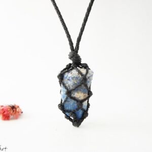 Raw Lapis Lazuli Necklace: Natural Stone Macrame Pendant