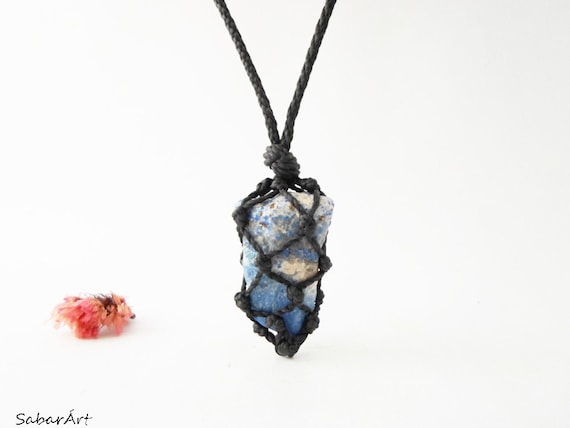 Raw Lapis Lazuli Necklace: Natural Stone Macrame Pendant