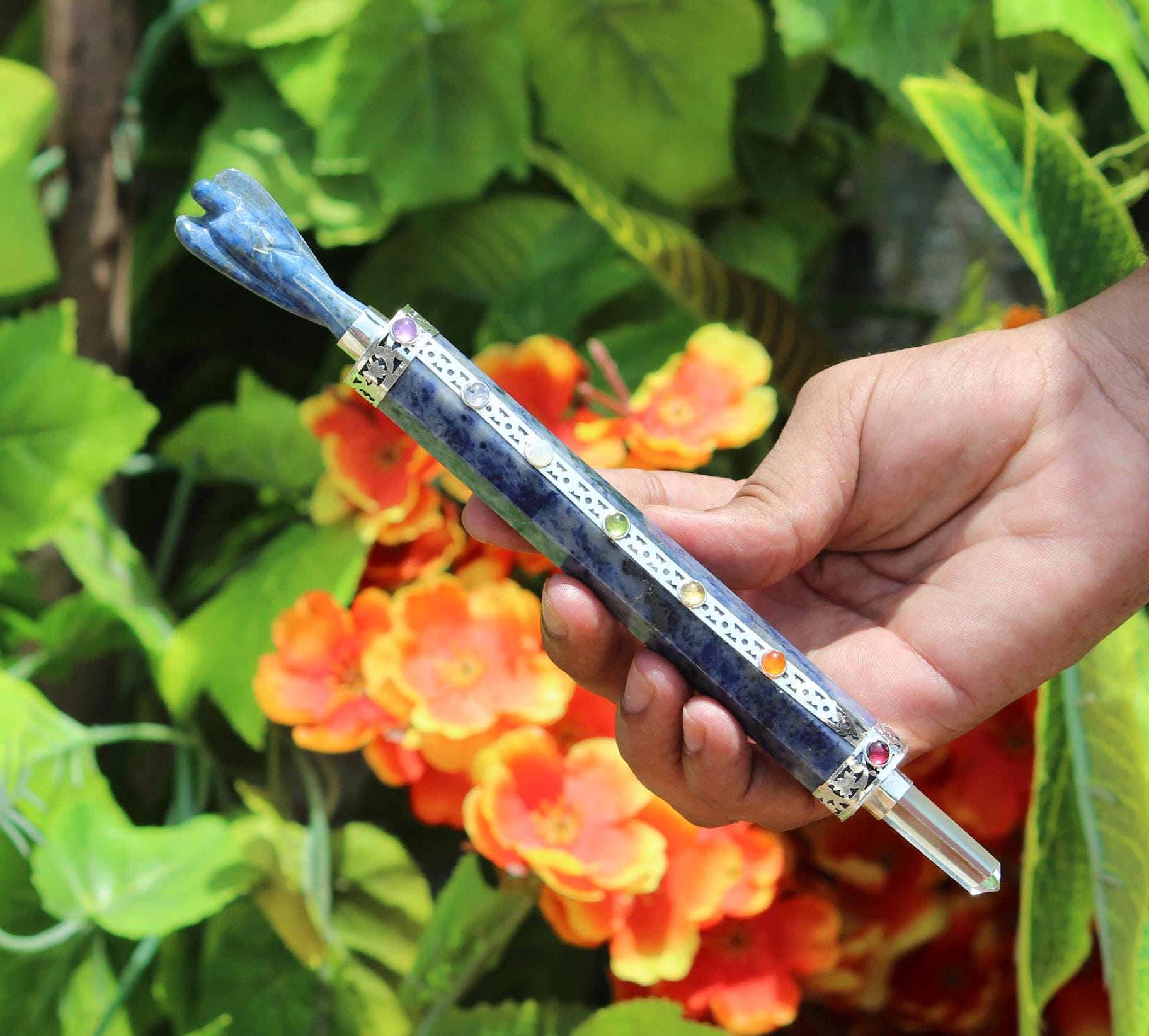 230mm Lapis Lazuli 7 Chakra Stone Wand: Angel Accent, Energy Gemstone