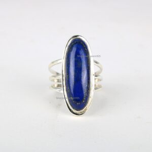 Bohemian Lapis Lazuli Ring, 925 Sterling Silver, Long Oval Stone